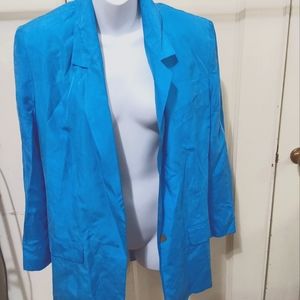 Vintage 80s bright turquoise blazer, shoulder pads, silk